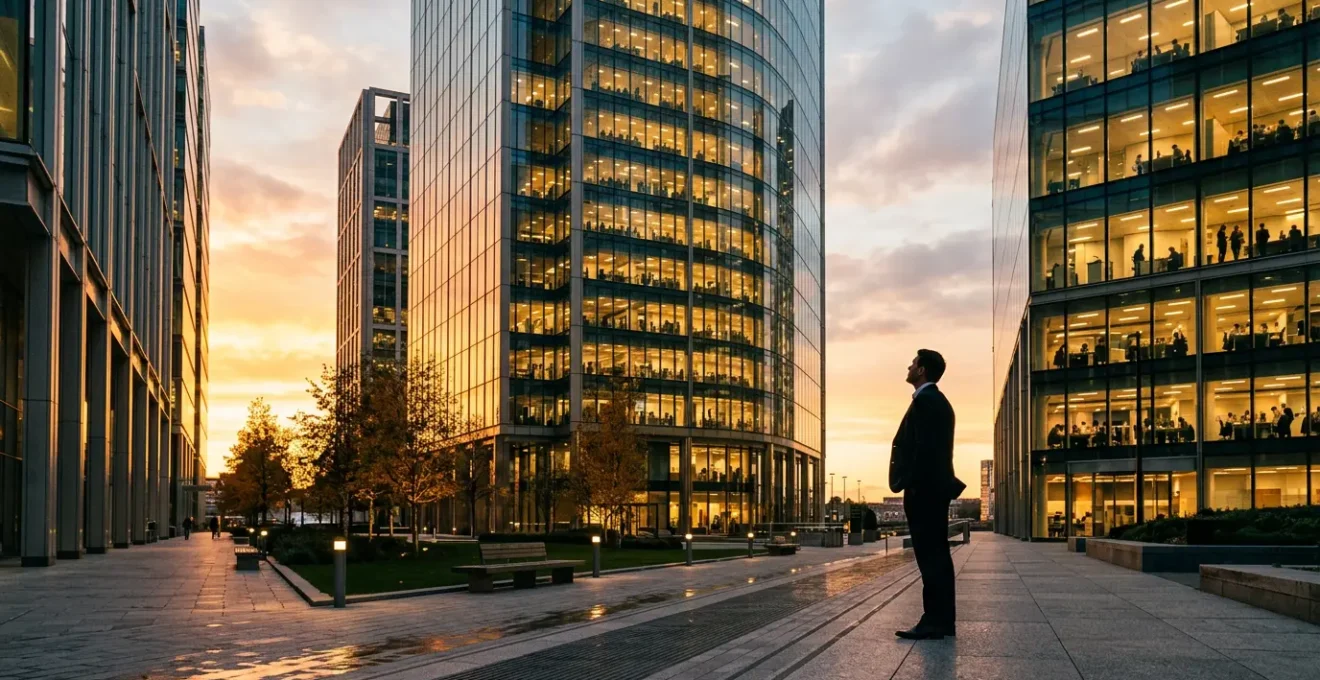 Modern glass office building at dusk with silhouettes of executives reviewing financial charts visible through windows