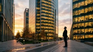 Modern glass office building at dusk with silhouettes of executives reviewing financial charts visible through windows