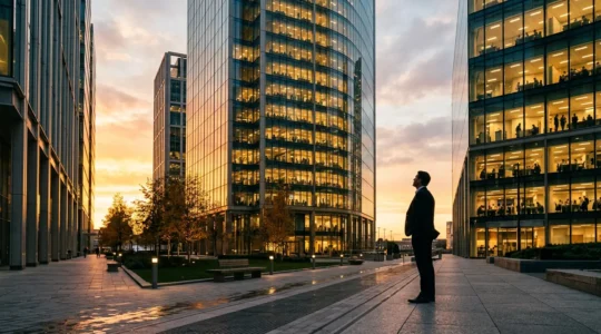 Modern glass office building at dusk with silhouettes of executives reviewing financial charts visible through windows