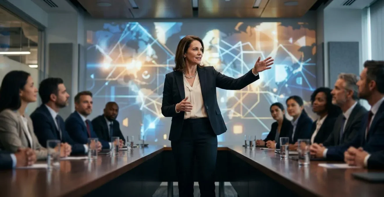 Executive presenting strategic vision in boardroom with abstract data visualization