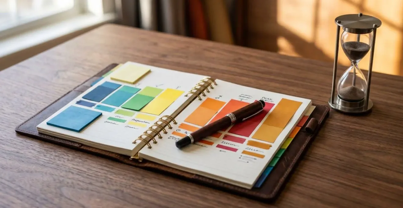 Professional workspace showing strategic planning materials and timeline organization