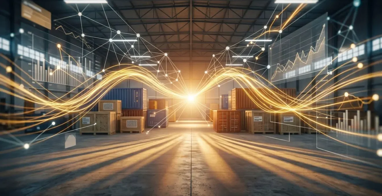 Financial data flowing through interconnected supply chain network