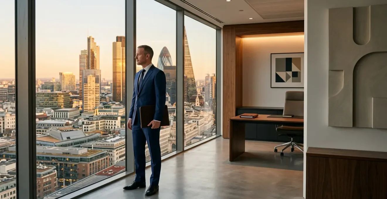 Professional tax advisor in modern office reviewing documents with city skyline views
