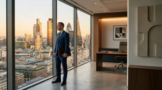 Professional tax advisor in modern office reviewing documents with city skyline views