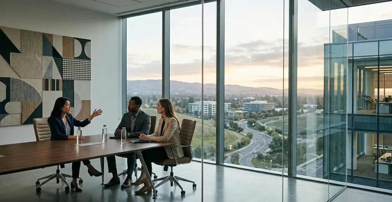 Executive tech leaders in strategic boardroom discussion with data visualizations