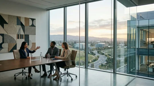 Executive tech leaders in strategic boardroom discussion with data visualizations