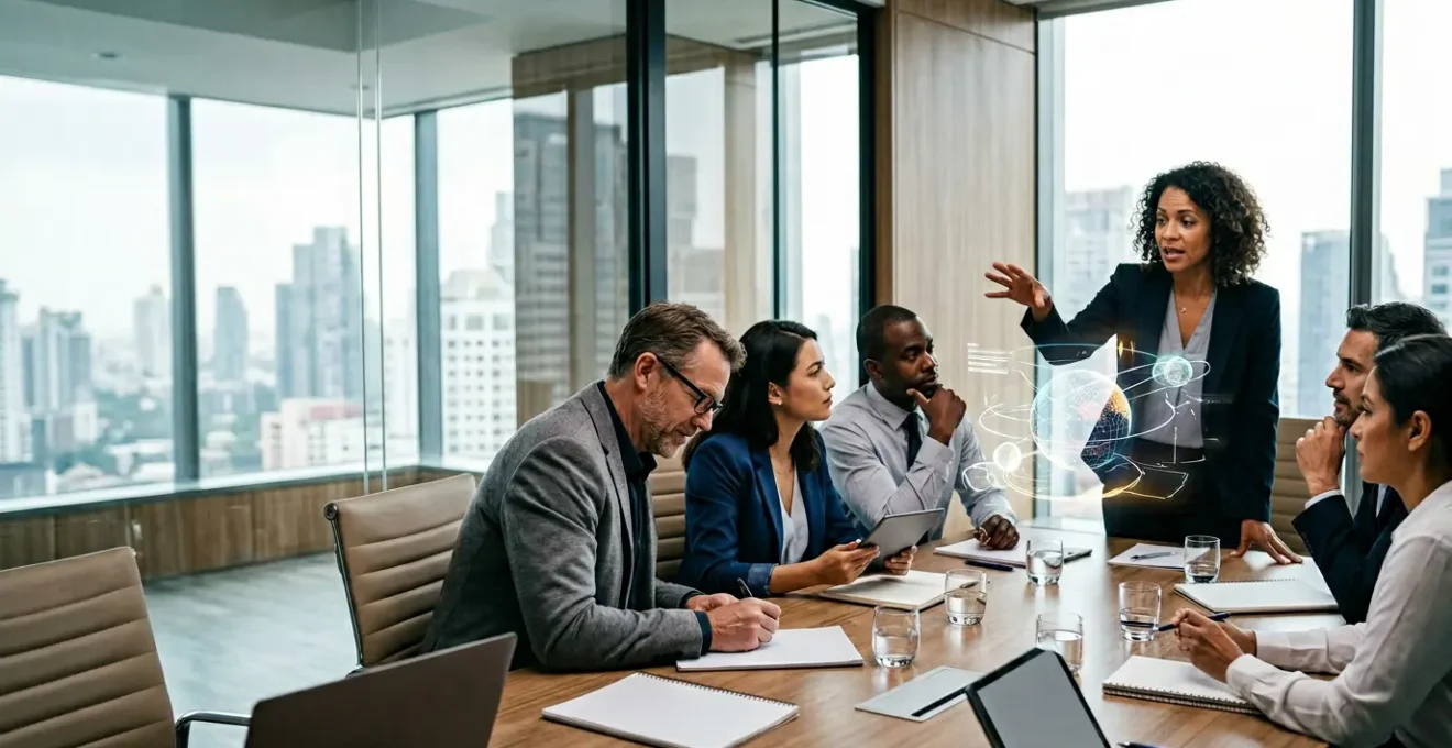 Tech company executives in strategic discussion about tax optimization in modern corporate boardroom