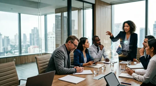 Tech company executives in strategic discussion about tax optimization in modern corporate boardroom