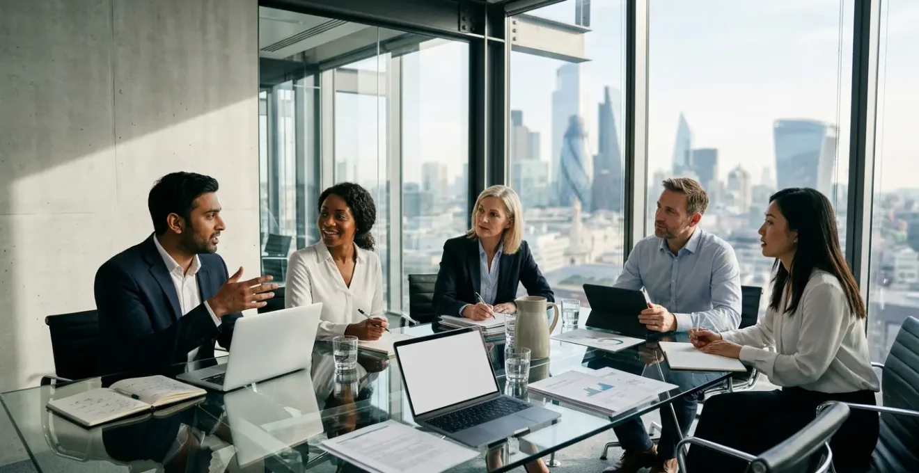 Modern UK accounting firm recruitment strategy meeting with diverse professionals discussing talent acquisition approaches