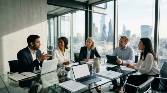 Modern UK accounting firm recruitment strategy meeting with diverse professionals discussing talent acquisition approaches