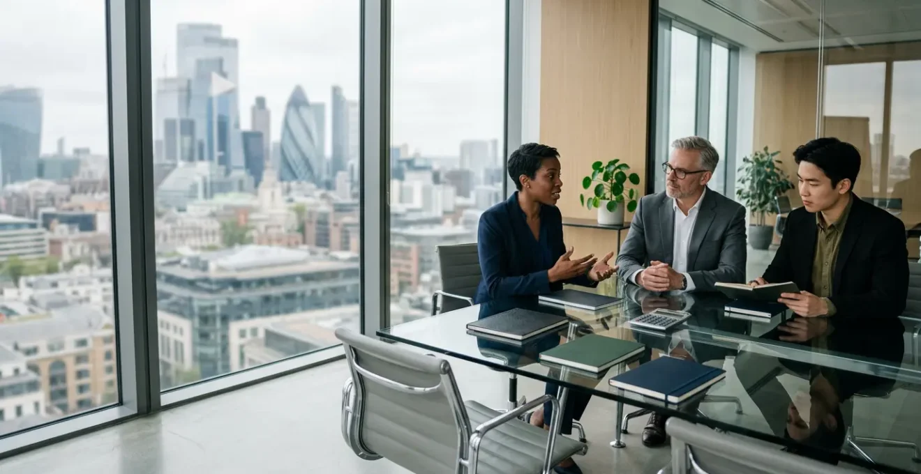 Professional consultants analyzing data charts showing different specialization paths and rate comparisons in a modern UK office setting