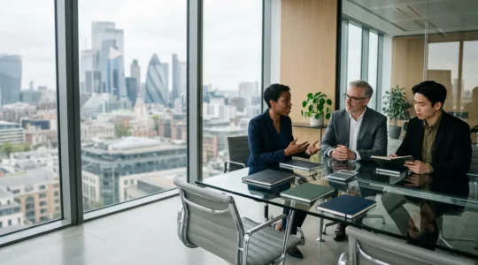 Professional consultants analyzing data charts showing different specialization paths and rate comparisons in a modern UK office setting
