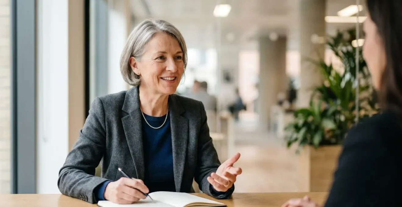 An experienced senior financial consultant in a modern UK office, embodying expertise and confidence