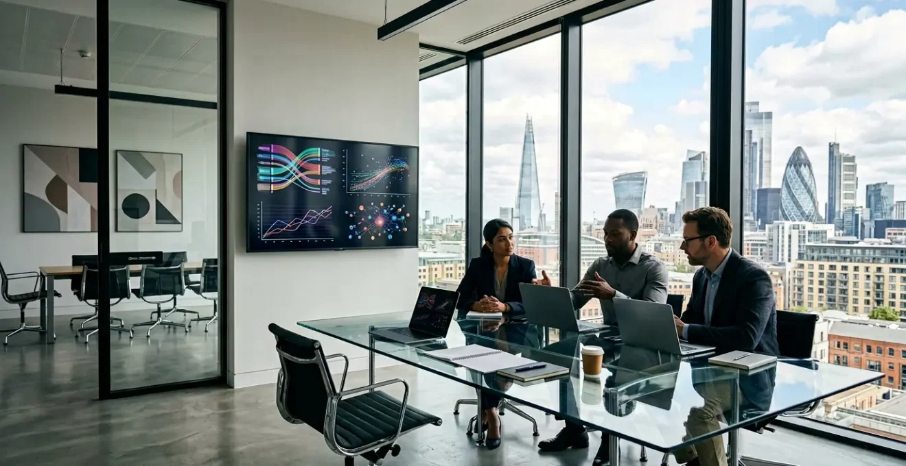 Finance professionals in modern UK office analyzing career development charts and certification pathways