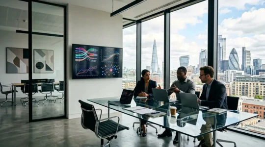 Finance professionals in modern UK office analyzing career development charts and certification pathways