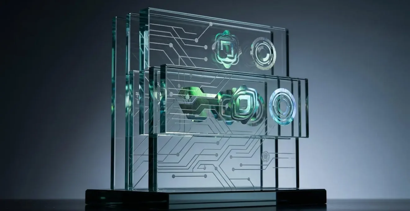 Multi-level vendor verification workflow visualization, showing a layered glass structure symbolizing tiered security checks.