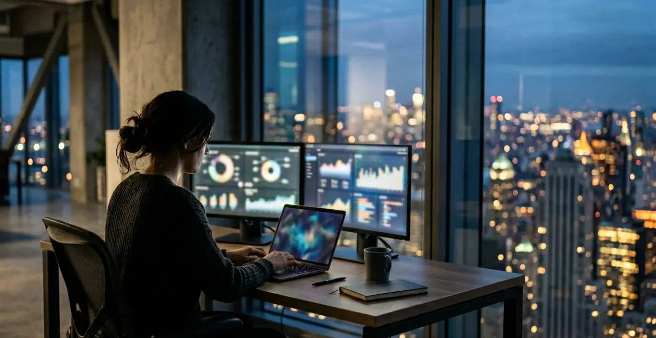 Junior analyst working on laptop in modern office at night with city lights in background