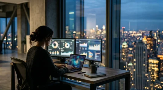 Junior analyst working on laptop in modern office at night with city lights in background