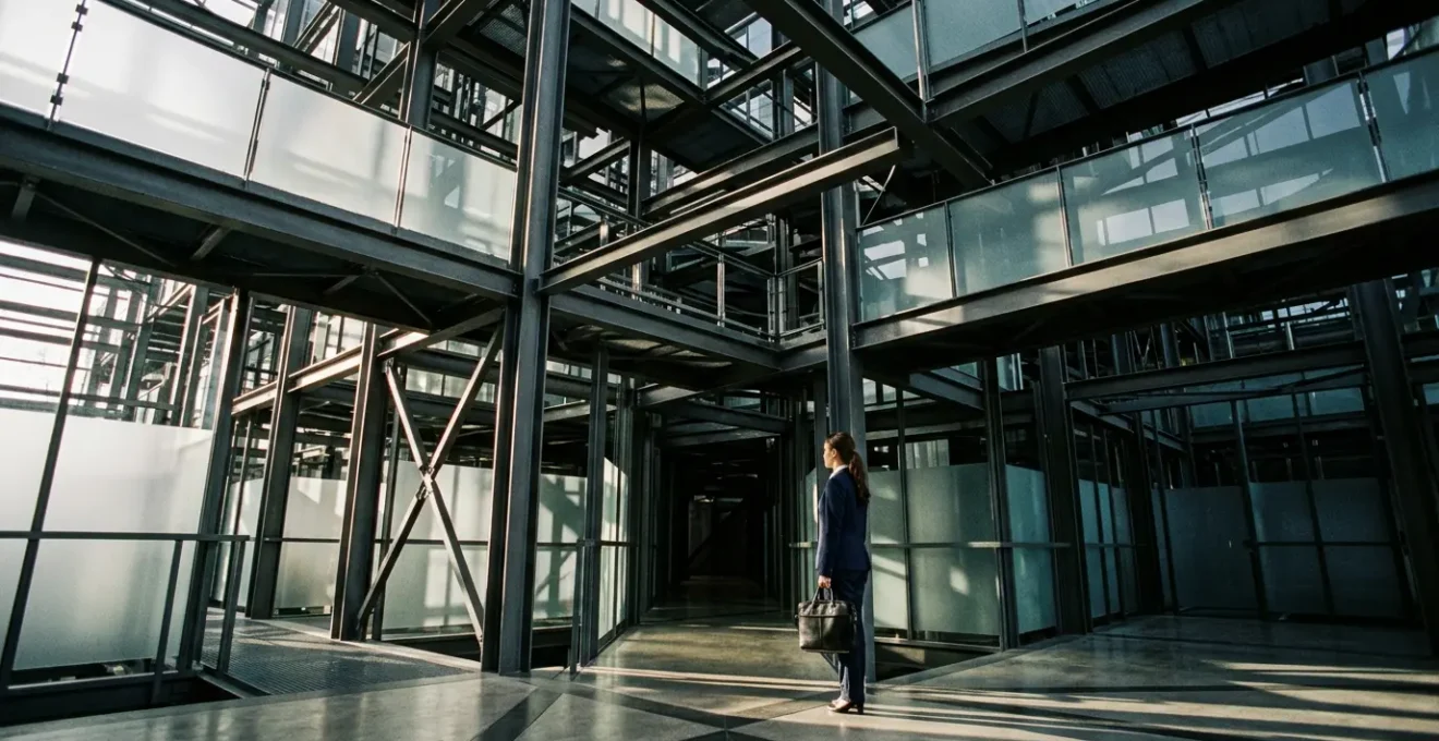 Professional navigating through abstract corporate environment representing first year challenges