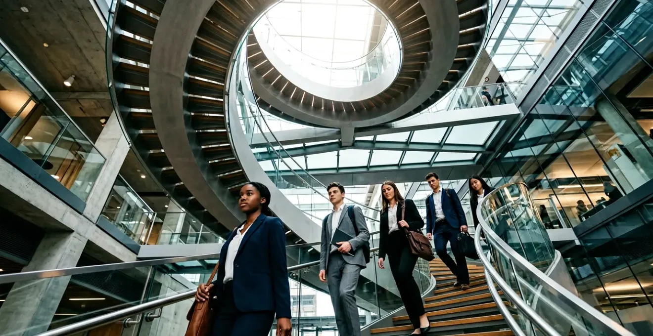 Young professionals ascending modern corporate architecture in business attire