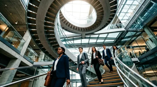 Young professionals ascending modern corporate architecture in business attire