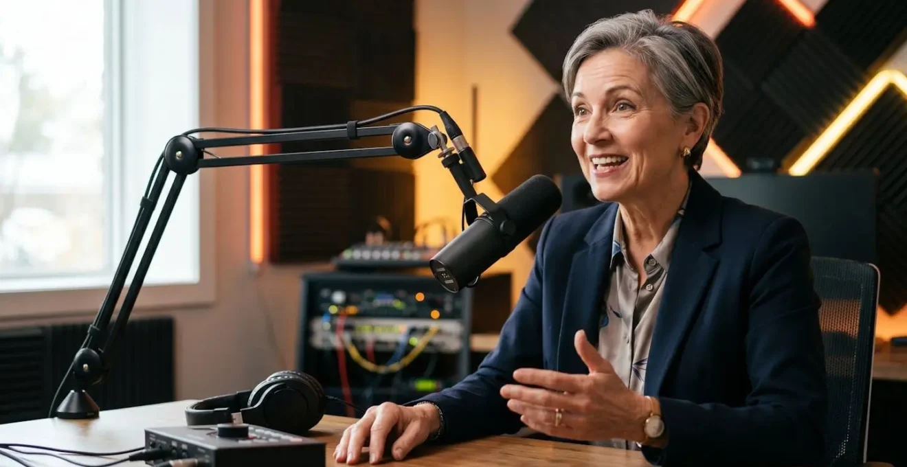 Senior accounting partner recording podcast about UK ESG reporting standards in modern studio